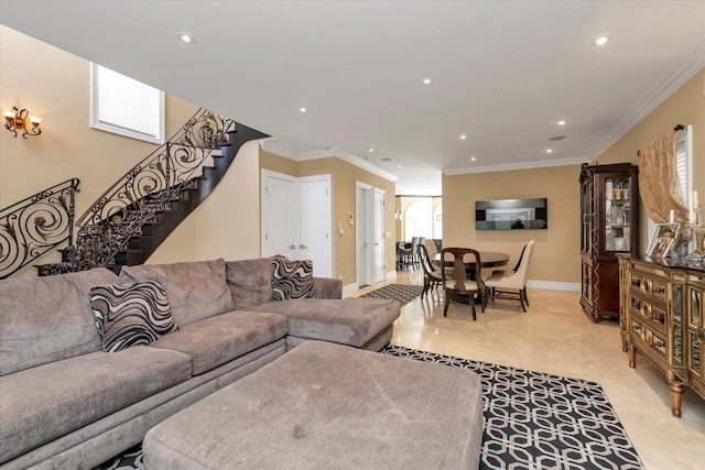 142-30 13th Ave, Malba, NY 11357 - living area with recessed lighting, stairway, ornamental molding, and baseboards