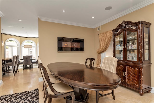 142-30 13th Ave, Malba, NY 11357 - dining area with crown molding, baseboards, recessed lighting, and light tile patterned floors