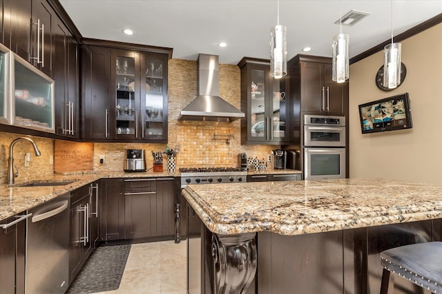 142-30 13th Ave, Malba, NY 11357 - kitchen featuring a sink, wall chimney range hood, appliances with stainless steel finishes, a kitchen bar, and recessed lighting