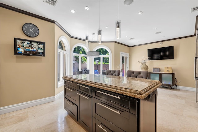 142-30 13th Ave, Malba, NY 11357 - kitchen featuring ornamental molding, baseboards, stone counters, a kitchen island, and recessed lighting