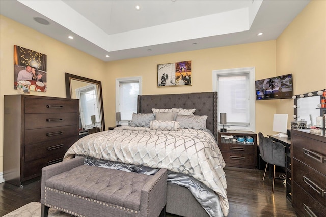 142-30 13th Ave, Malba, NY 11357 - bedroom featuring dark wood-type flooring, recessed lighting, an office area, and a tray ceiling