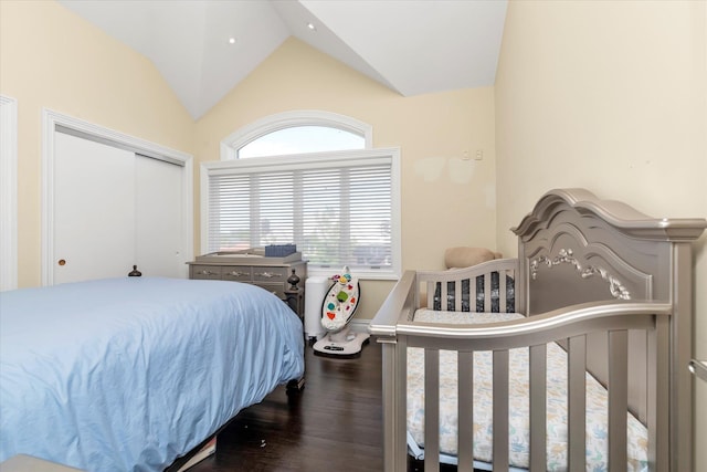 142-30 13th Ave, Malba, NY 11357 - bedroom featuring dark wood-style floors, lofted ceiling, and a closet