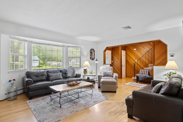 60 Heston Rd, Shirley, NY 11967 - living area featuring stairway, light wood-style flooring, and a baseboard radiator