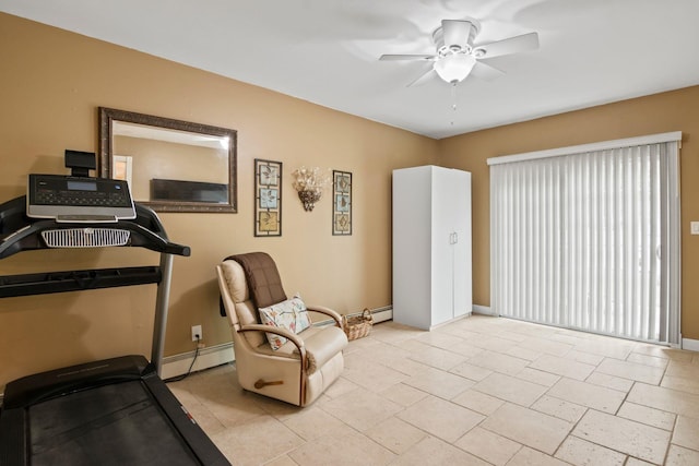 60 Heston Rd, Shirley, NY 11967 - living area featuring baseboard heating, ceiling fan, and baseboards