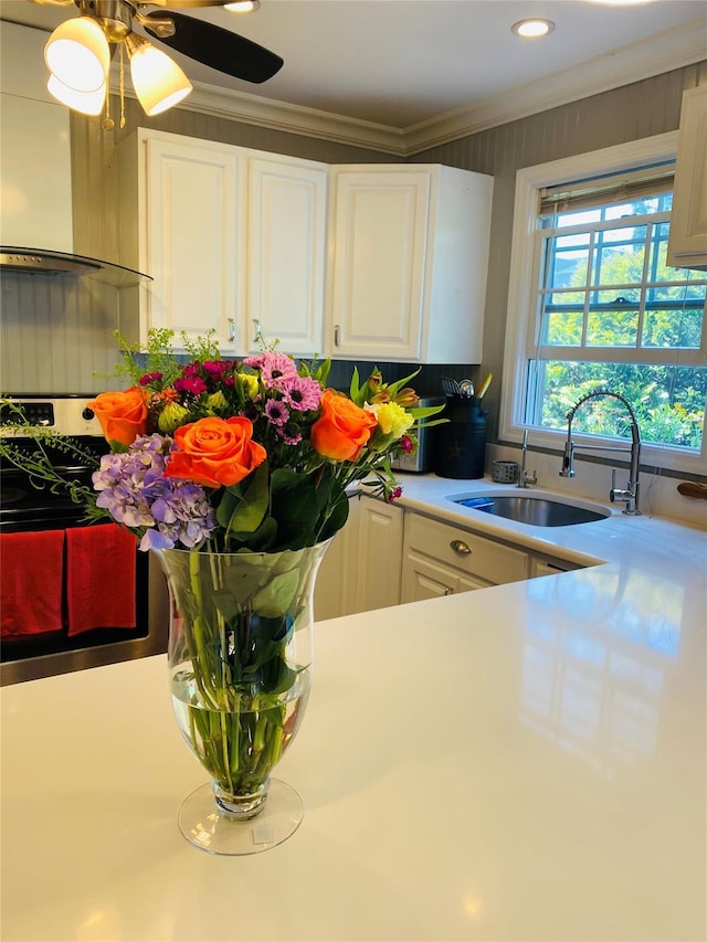 24 Lowerre St, Babylon, NY 11702 - kitchen featuring white cabinets, light countertops, a sink, ornamental molding, and wall chimney range hood