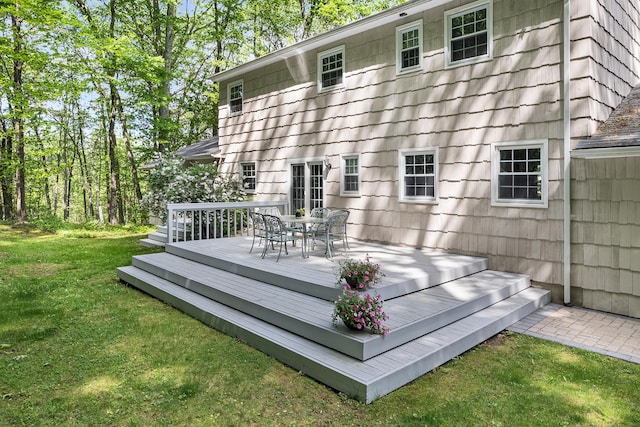 10 Catherine Pl, Katonah, NY 10536 - wooden terrace featuring a yard and outdoor dining area