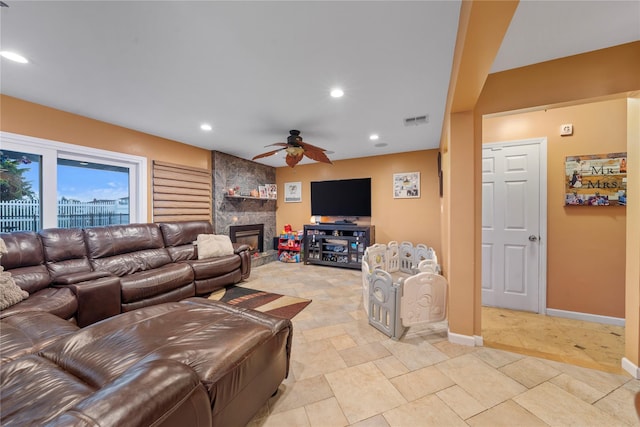 20 Skipper Dr, West Islip, NY 11795 - living area featuring ceiling fan, baseboards, recessed lighting, and a large fireplace