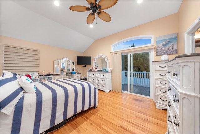 20 Skipper Dr, West Islip, NY 11795 - bedroom with access to outside, light wood-style floors, vaulted ceiling, recessed lighting, and a ceiling fan