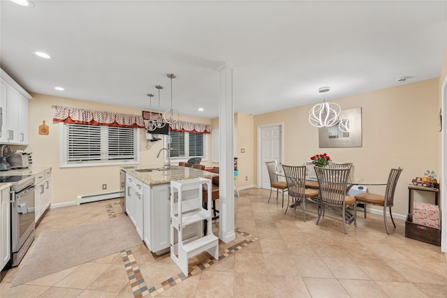 20 Skipper Dr, West Islip, NY 11795 - kitchen with stainless steel electric range, baseboard heating, a sink, white cabinetry, and recessed lighting