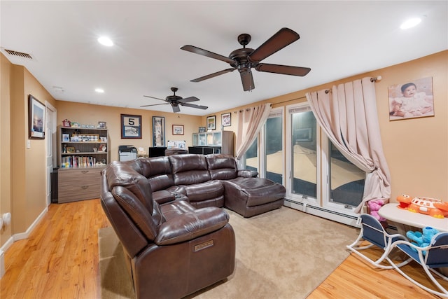 20 Skipper Dr, West Islip, NY 11795 - living area with a baseboard radiator, light wood-type flooring, recessed lighting, and ceiling fan