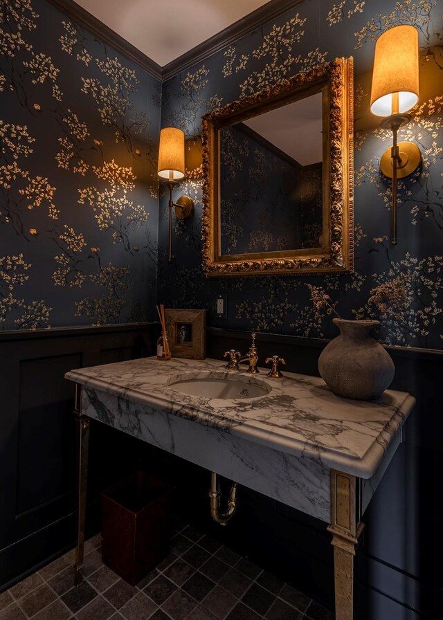 8 Lost Pond Ln, North Salem, NY 10560 - bathroom featuring wallpapered walls, wainscoting, vanity, crown molding, and tile patterned floors