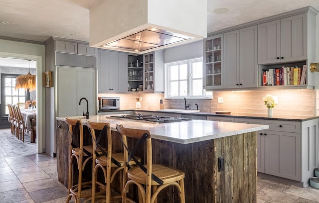 8 Lost Pond Ln, North Salem, NY 10560 - kitchen with open shelves, gray cabinetry, healthy amount of natural light, stone tile flooring, and recessed lighting