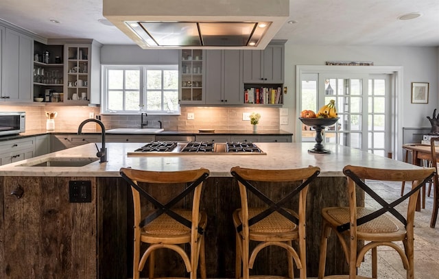 8 Lost Pond Ln, North Salem, NY 10560 - kitchen featuring gray cabinetry, open shelves, extractor fan, decorative backsplash, and recessed lighting