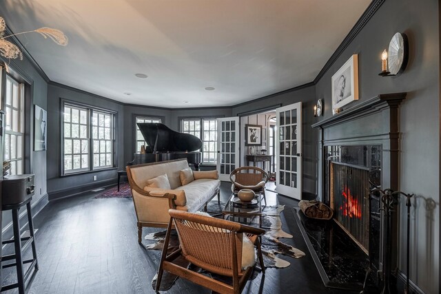 8 Lost Pond Ln, North Salem, NY 10560 - living area featuring crown molding, wood finished floors, a fireplace, and french doors