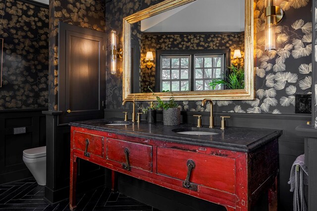 8 Lost Pond Ln, North Salem, NY 10560 - full bathroom with wallpapered walls, a wainscoted wall, and double vanity