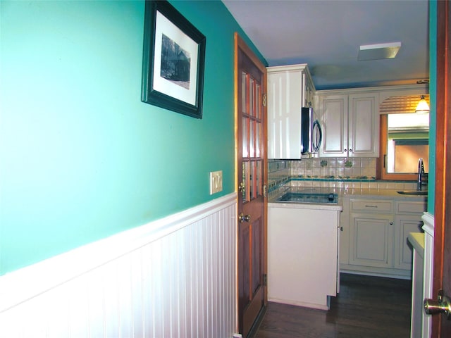 7 Holiday St, Pawling, NY 12564 - kitchen featuring stainless steel microwave, a sink, wainscoting, decorative backsplash, and dark wood-type flooring