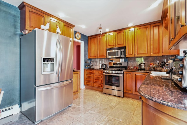 429 E Park Ave, Long Beach, NY 11561 - kitchen with appliances with stainless steel finishes, brown cabinetry, a baseboard heating unit, recessed lighting, and backsplash