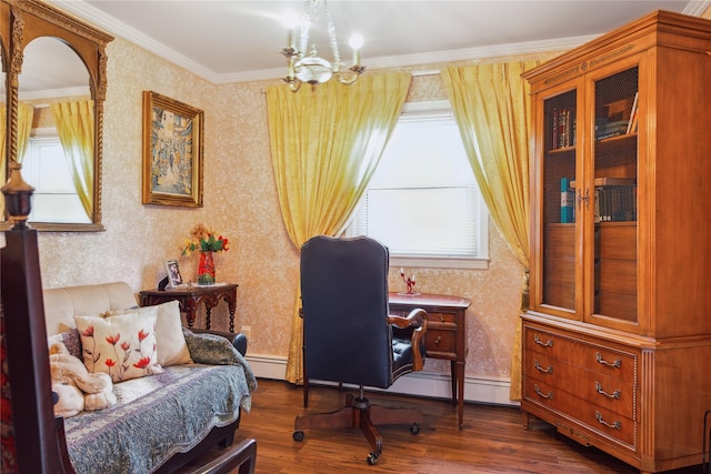 429 E Park Ave, Long Beach, NY 11561 - home office with wallpapered walls, dark wood-style floors, a chandelier, a baseboard heating unit, and ornamental molding