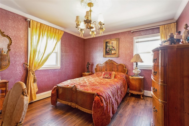 429 E Park Ave, Long Beach, NY 11561 - bedroom with a chandelier, multiple windows, hardwood / wood-style floors, a baseboard radiator, and wallpapered walls