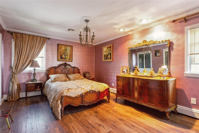 429 E Park Ave, Long Beach, NY 11561 - bedroom with a chandelier, ornamental molding, wood finished floors, a baseboard radiator, and baseboards