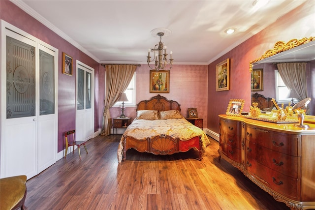 429 E Park Ave, Long Beach, NY 11561 - bedroom featuring a baseboard heating unit, a chandelier, multiple windows, wood finished floors, and ornamental molding