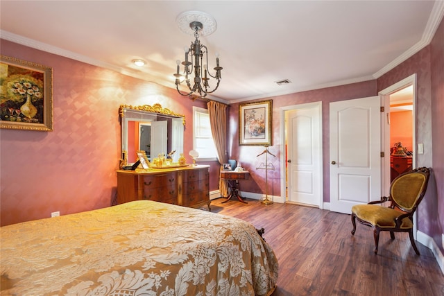 429 E Park Ave, Long Beach, NY 11561 - bedroom with baseboards, a chandelier, wood finished floors, and ornamental molding