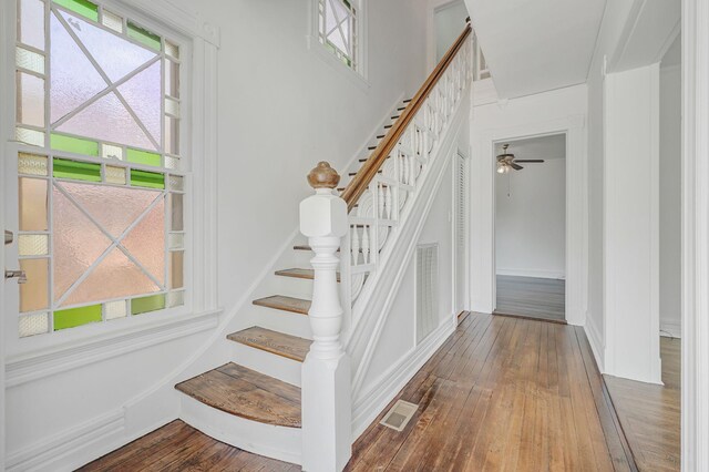 434 Griffing Ave, Riverhead, NY 11901 - staircase with wood-type flooring, healthy amount of natural light, ceiling fan, and baseboards