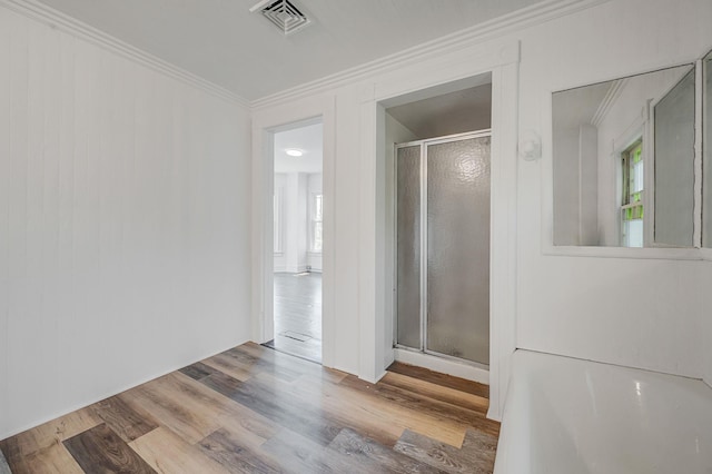 434 Griffing Ave, Riverhead, NY 11901 - bathroom with ornamental molding, wood finished floors, and a shower stall
