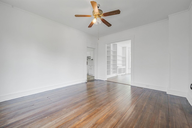434 Griffing Ave, Riverhead, NY 11901 - empty room with built in features, ceiling fan, hardwood / wood-style flooring, crown molding, and baseboards