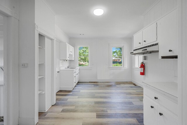 434 Griffing Ave, Riverhead, NY 11901 - kitchen with under cabinet range hood, a sink, light countertops, white cabinetry, and light wood-style floors