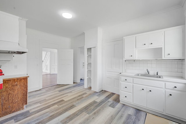 434 Griffing Ave, Riverhead, NY 11901 - kitchen featuring a sink, crown molding, light countertops, light wood-style floors, and decorative backsplash