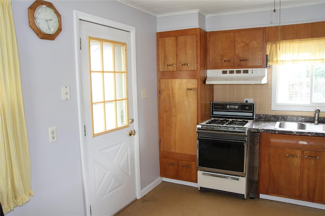 73 Barcelow St, Port Jervis, NY 12771 - kitchen featuring ventilation hood, gas stove, a sink, brown cabinets, and dark countertops