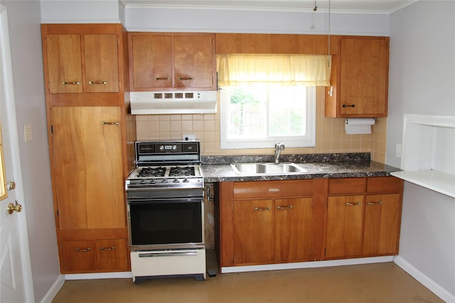 73 Barcelow St, Port Jervis, NY 12771 - kitchen featuring under cabinet range hood, gas stove, a sink, brown cabinetry, and backsplash