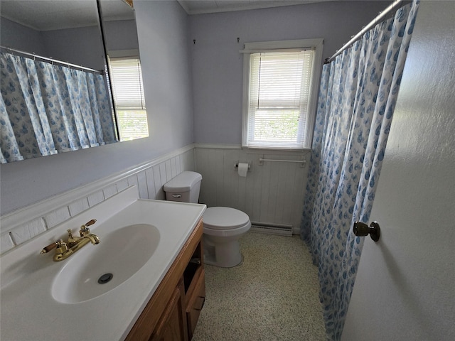 73 Barcelow St, Port Jervis, NY 12771 - full bathroom featuring a wainscoted wall, toilet, vanity, baseboard heating, and a shower with curtain
