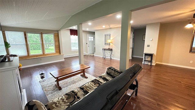 674 Sackett Lake Rd, Monticello, NY 12701 - living area with lofted ceiling, wood finished floors, baseboards, recessed lighting, and ceiling fan