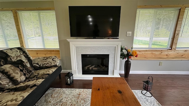 674 Sackett Lake Rd, Monticello, NY 12701 - living room with wood finished floors, baseboards, and a glass covered fireplace