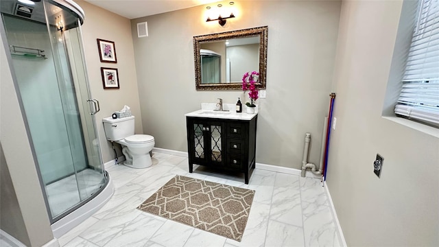 674 Sackett Lake Rd, Monticello, NY 12701 - bathroom featuring marble finish floors, baseboards, vanity, toilet, and a shower stall