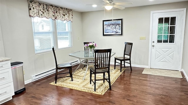 674 Sackett Lake Rd, Monticello, NY 12701 - dining space with ceiling fan, dark wood finished floors, baseboards, recessed lighting, and baseboard heating