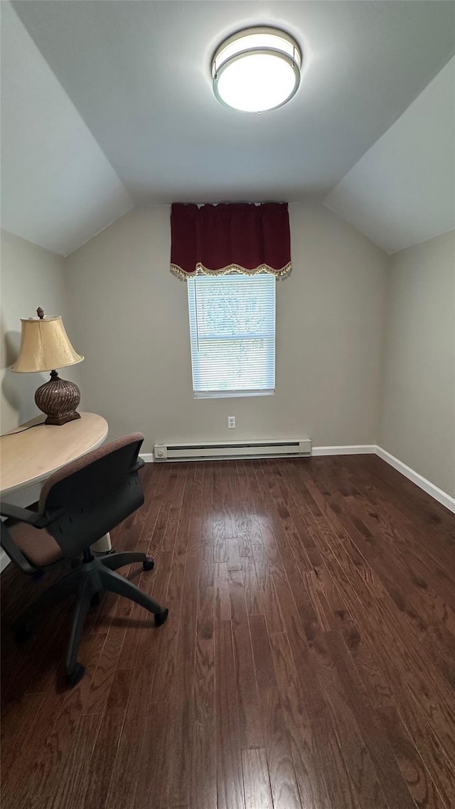674 Sackett Lake Rd, Monticello, NY 12701 - home office with a baseboard heating unit, lofted ceiling, wood-type flooring, and baseboards