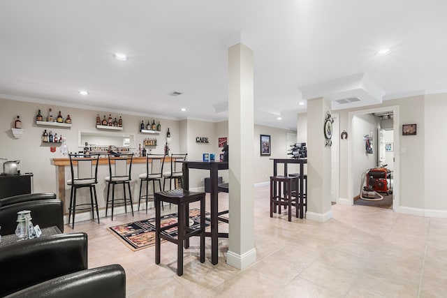 50 Stallion Trl, Brewster, NY 10509 - living room featuring wet bar, ornamental molding, recessed lighting, and light tile patterned flooring