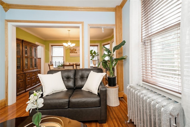 11 Bridge St, Suffern, NY 10901 - living room with radiator, wood finished floors, a chandelier, and crown molding