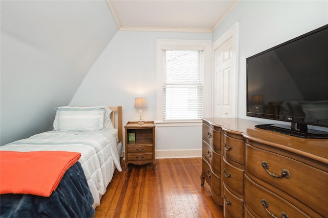 11 Bridge St, Suffern, NY 10901 - bedroom with hardwood / wood-style flooring, crown molding, multiple windows, and lofted ceiling
