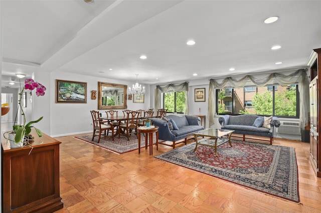 25 Lake St Unit 7K & 7L, White Plains, NY 10603 - living room featuring a chandelier, baseboards, and recessed lighting