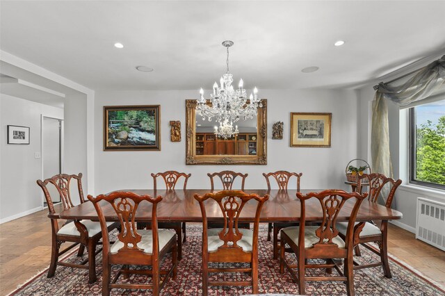 25 Lake St Unit 7K & 7L, White Plains, NY 10603 - dining space featuring radiator, baseboards, a chandelier, and recessed lighting