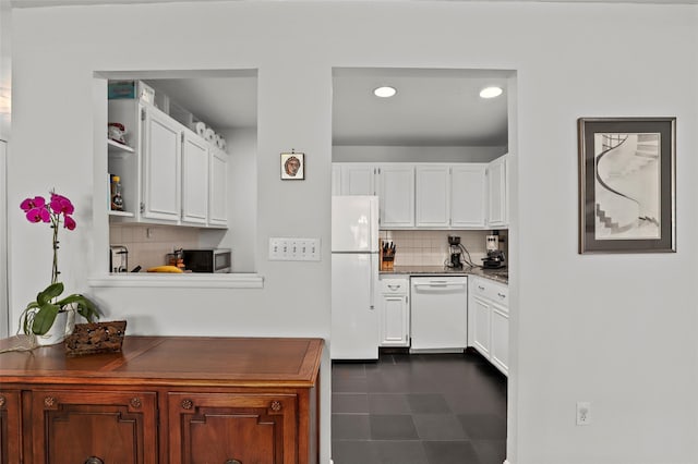 25 Lake St Unit 7K & 7L, White Plains, NY 10603 - kitchen featuring white appliances, backsplash, white cabinetry, and recessed lighting
