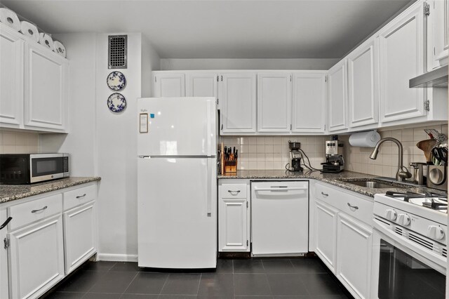 25 Lake St Unit 7K & 7L, White Plains, NY 10603 - kitchen with white appliances, a sink, decorative backsplash, white cabinets, and light stone countertops