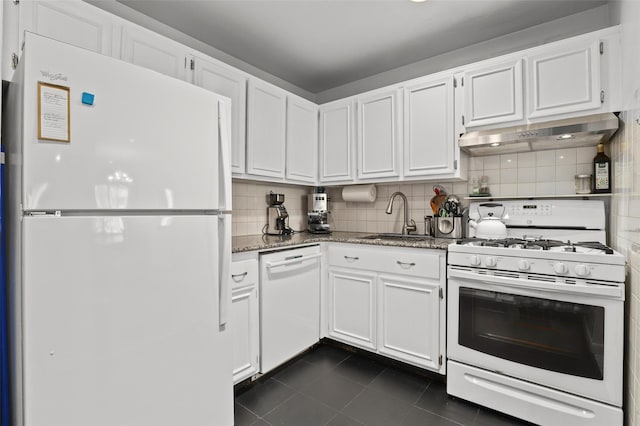 25 Lake St Unit 7K & 7L, White Plains, NY 10603 - kitchen with white appliances, a sink, stone countertops, ventilation hood, and dark tile patterned floors