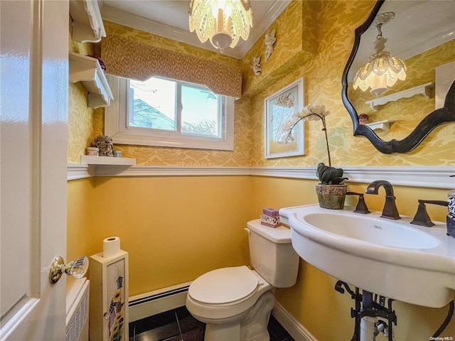 47 Myson St, West Islip, NY 11795 - half bathroom with wallpapered walls, toilet, baseboards, a baseboard heating unit, and a chandelier