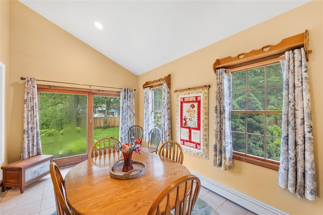 5 Cedar Heights Dr, Ridge, NY 11961 - dining room featuring light tile patterned floors, lofted ceiling, a baseboard radiator, and recessed lighting
