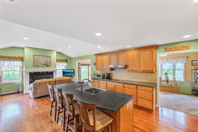 5 Cedar Heights Dr, Ridge, NY 11961 - kitchen with a sink, dark countertops, lofted ceiling, plenty of natural light, and a breakfast bar